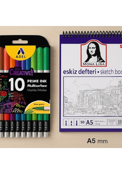 A5 Eskiz Defteri + Multisurface 10'lu Kalın Uçlu Set Çok Renkli
