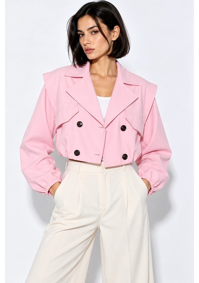 Mevese Kruvaze Yaka Lastikli Kadın Crop Trençkot Cep Detaylı - Pembe