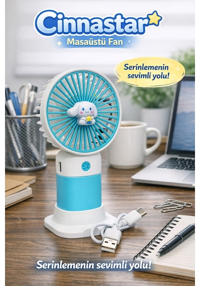Jasper Turkuaz-beyaz Cinnamoroll Figürlü Taşınabilir Standlı Serinletici Fan 3 Hız Ayarlı , Typ-c Şarjlı Fan Masaüstü Fa