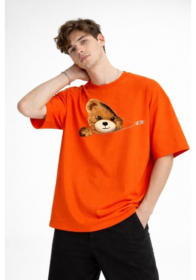 Misa Tahtakale Mn - Bear Baskılı Oversize Tişört Turuncu Çok Renkli