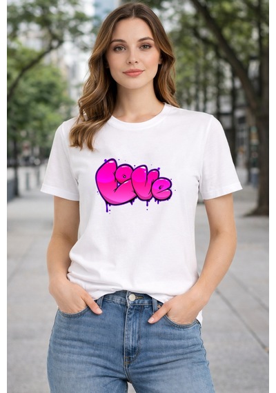 Herkesemoda Love Baskı Detaylı Basic T-shırt Beyaz