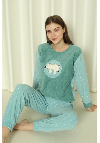 Wordex Fawn 3312 Peluş Welsoft Polar Kışlık Yumoş Uyuyan Ayılı Kadın Pijama Takımı Yeşil