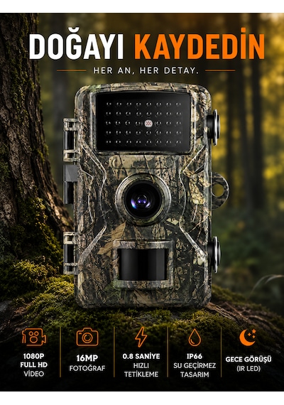 Nvg 1080p Full Hd Yaban Hayatı Kamerası Ip66 Su Geçirmez Fotokapan 16mp Gece Görüşlü Hareket Sensörlü Av Kamera 2.0" Lcd 0.8 Sn Tetikleme 32gb Tf Kart Destekli Sarı