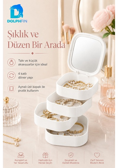 Aynalı 4 Katlı Kare Makyaj Ve Kozmetik Organizer Banyo Dolap Düzenleyici Beyaz