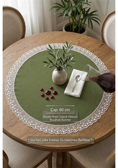 Haki Yeşil Yuvarlak Supla Runner Leke Tutmaz Su Geçirmez Çeyizlik Masa Örtüsü 60x60