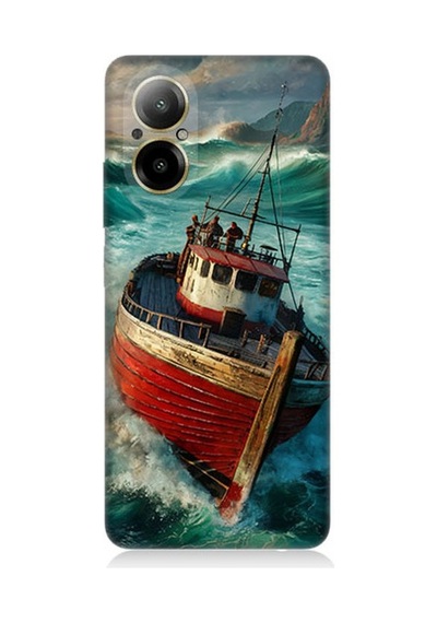 Realme 12 Lite Uyumlu Fırtınada Kırmızı Gemi Desenli Silikon Kılıf Çok Renkli