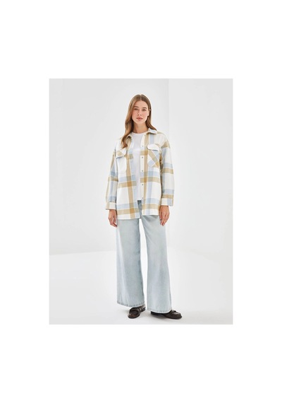 LC Waikiki Lcw Modest Açık Mavi Ekoseli Ekose Oversize Kadın Gömlek Tunik