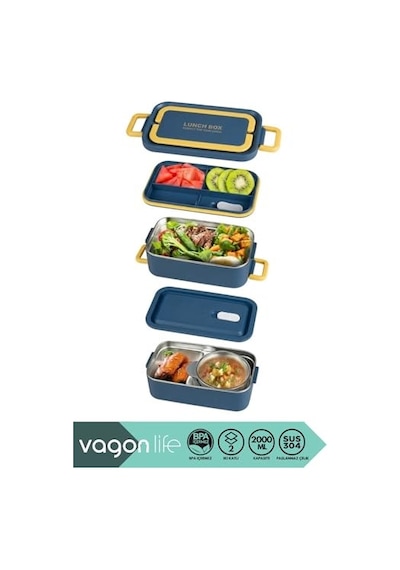 Bento 2000ml Lunchbox 2 Katlı 3 Bölmeli Mini Kaseli Çelik Sefer Tası Yemek Kutusu Lacivert-sarı Çok Renkli