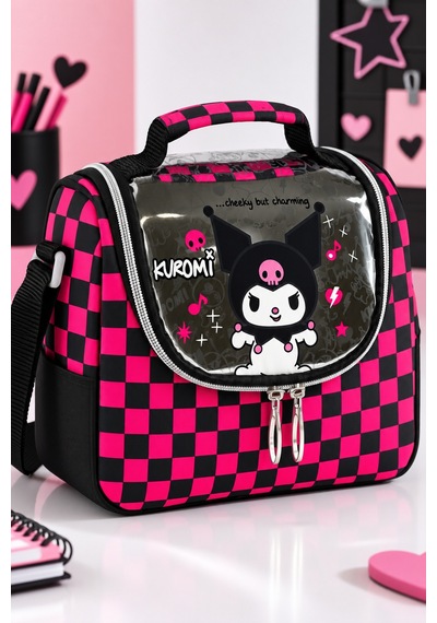 Kuromi Siyah Fuşya Termoslu Beslenme Çantası Çocuk Öğrenci Okul Yemek Çantası 24x22x14 Cm Çok Renkli