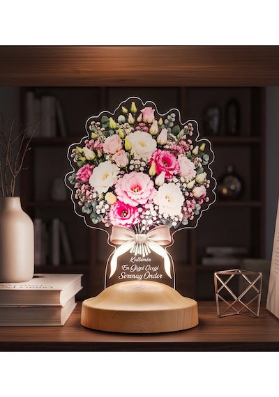 Romantik Lisyantus Çiçek Buketi Led Lamba - Kişiye Özel Sevgiliye Doğum Günü Hediyesi, Yıldönümü Hediyesi