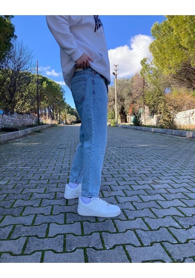 Yıkamalı Mavi Boyfriend Pantolon Mavi