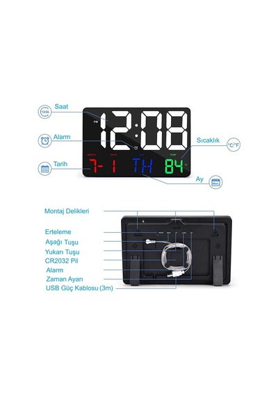 Dijital Duvar Saati Renkli Hd Led Ekran 25x16 Cm Tarih Gün Sıcaklık Alarm Usb Dekoratif Çok Renkli
