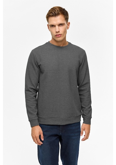 Süvari Bol Kesim O Yaka Melanj Desenli Waffle Sweatshirt Antrasit S08