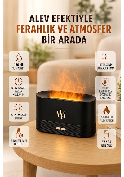 Mey İthalat Alev Efektli Aroma Difüzörü Uçucu Yağ Destekli Usb Hava Nemlendirici