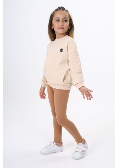 Toontoy Kids Toontoy Kız Çocuk 2'li Takım Baskılı Bisiklet Yaka Düşük Omuz Cepli Sweatshirt & Basic Düz Tayt Bej