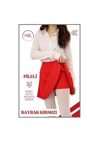 Kız Çocuk Pileli Etek Kırmızı Yüksek Bel İçi Şortlu Likra Kumaş Okul-oyun-spor-etkinlik Eteği 4107 Kırmızı