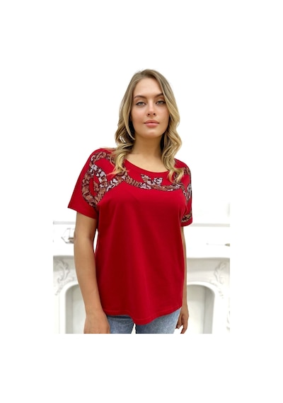 Rich Glam Bol Kalıp Leopar Crystal Taşlı Büyük Beden Kırmızı Şık Rahat Kadın T-shirt Kırmızı