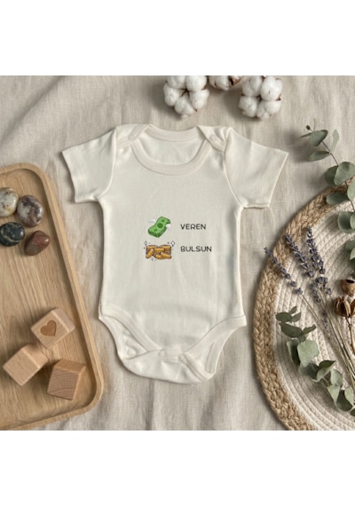 Babysena Para Veren Altın Bulsun Hediyelik Kız & Erkek Bebek Body / Zıbın Bej - Beyaz