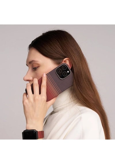 Apple Uyumlu iPhone   16 Plus Kılıf   Magsafeli Aramid Fiber Pitaka Tactile Woven Sunset-moonrise Serisi Sunset