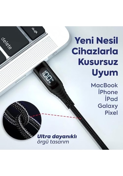 Ayrex 100w Type-c To Type-c Dijital Led Ekranlı Göstergeli Hızlı Şarj Kablosu E-mark Çipli, Dayanıklı Örgülü, Genel