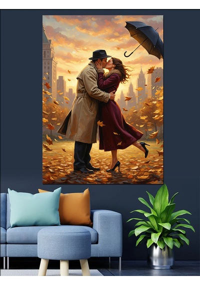 Ahşap Tablo Sonbahar Yaprakları Ve Romantik Çift
