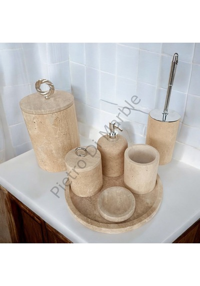 Sarı Traverten Klasik Model 7 Parça Gümüş Renk Halka Aksesuarlı Banyo Seti Sarı Traverten