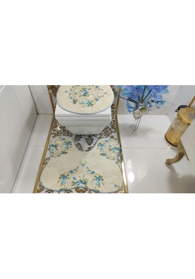 Rose Kelebek Banyo Halısı Klozet Takımı 3'Lü Set Krem