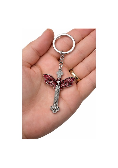 Gotik Kuru Kafa Butterfly Detaylı Metal Anahtarlık Kırmızı Siyah Unisex