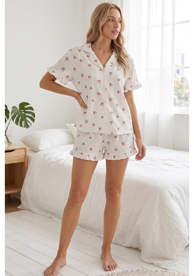 Siyah İnci Fırfırlı Bürümcük-krınkıl Kısa Kollu Düğmeli Şortlu Pijama Takım 8008 Ekru Lale