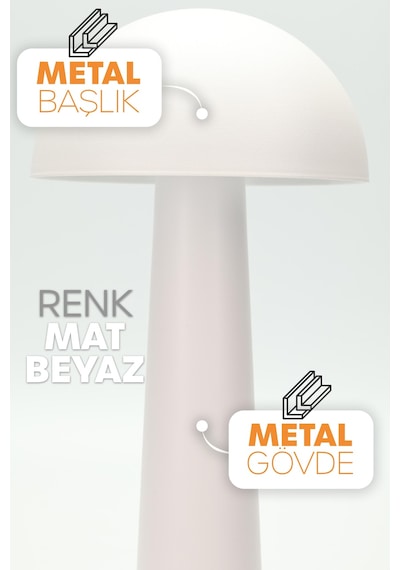 Şarjlı Mantar Masa Lambası Metal Dokunmatik 3 Işık Parlaklık Ayarlı Gece Masa Üstü Lamba Beyaz A4 Beyaz