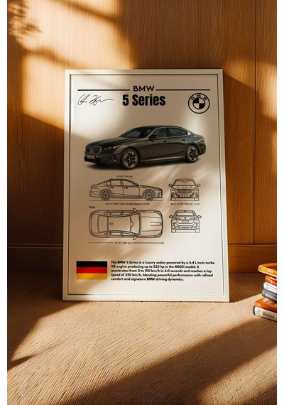 Bmw 5 Serisi Tablo - Teknik Özellikli Alman Lüks Sedan Poster - Çerçeveli Duvar Dekoru - Blueprint Beyaz