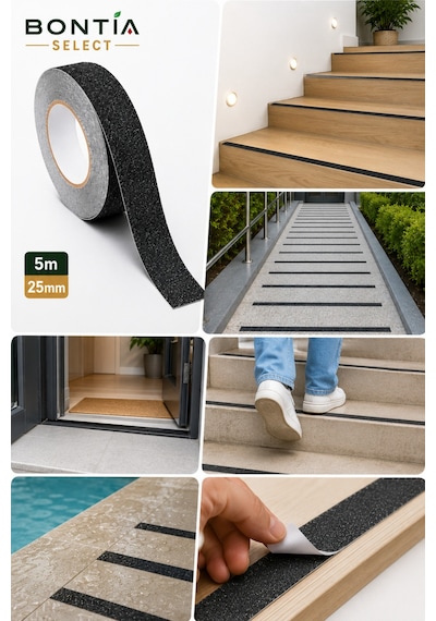 Kaydırmaz Bant 5 Metre X 25 Mm Siyah Merdiven Kaydırmaz Şerit Güçlü Yapışkanlı İç Dış Mekan