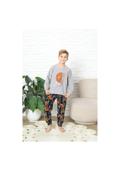 Yeni Stil Sonbahar/kış Erkek Çocuk Basketball Desenli Polar Pijama Takımı 4562 Gri