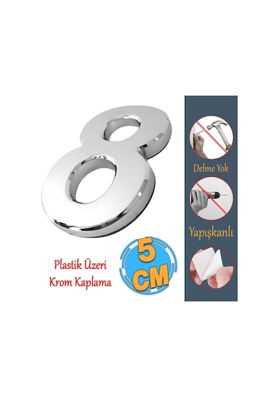Yapışkanlı Kapı Numarası Küçük Boy 50 Mm 5 Cm Numara 8 Rakam Sekiz Sayı Krom Renk Numaralar 1 Adet