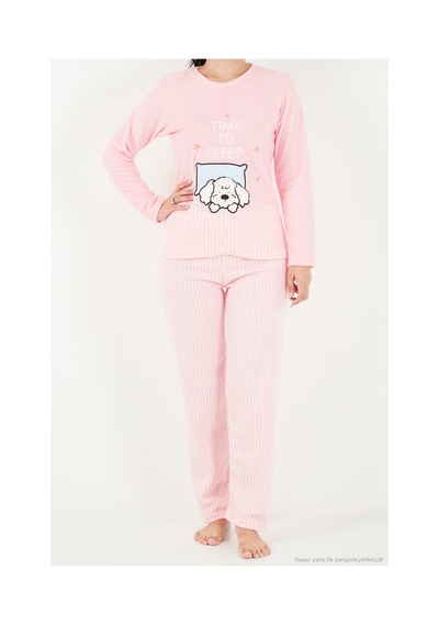 Lela Çizgili Yumuşak Kışlık Polar Pijama Takımı Kadın Pijama Takımı 6575030 Pembe