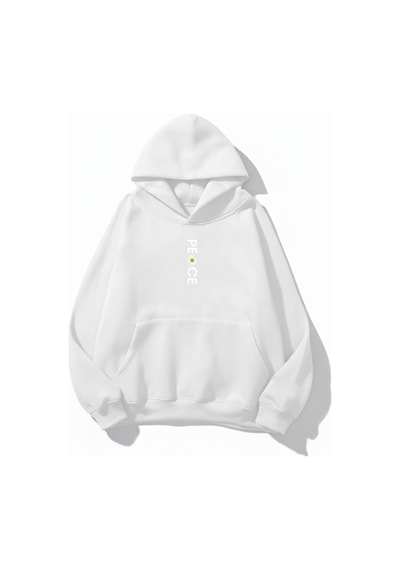 Uyguntarz Unisex Yumuşak Dokulu Peace Baskılı Tasarım Oversize 3 İplik Hoodie Sweatshirt beyaz