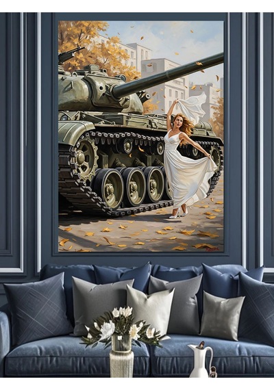 Ahşap Tablo Tank Önünde Gelinlikli Kadın