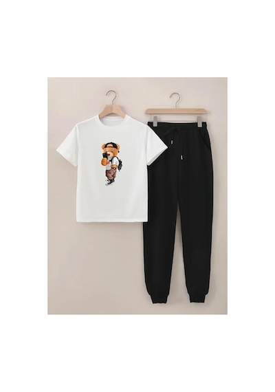 Medinenur Peluş Ayı Baskılı T-shirt Eşofman Altı Jogger Rahat Kalıp Siyah Eşofman Takım Beyaz
