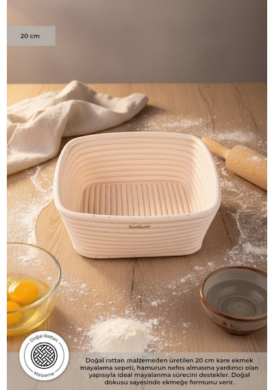 Bambum Puder - Ekmek Mayalama Sepeti Kare 20 Cm Ahşap