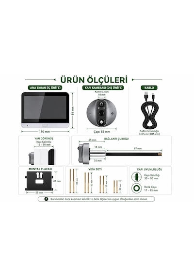 Cmr101 Kapı Zilli Kameramı Ekranlı Güvenlik Kamerası 1080p 2mp Full Hd Görüntü 4.3 İnç Ekran Wifi Akıllı Kapı Kamerası 4.3" Ekran 1080p Hd Görüntülü Kapı Dürbünü Pır Sensörlü
