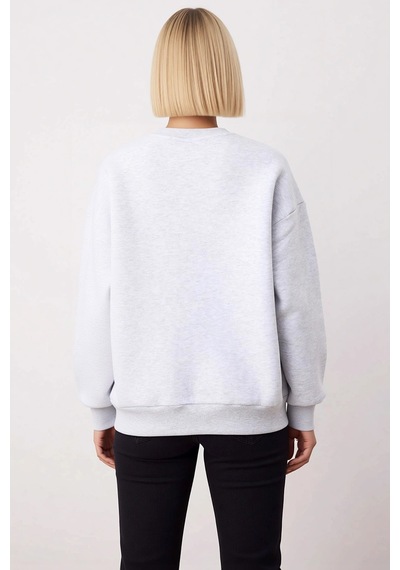 Benerly Kadın Bisiklet Yaka Düşük Kol Oversize Kalın Örme Sweatshirt Fonk Kar Melanj