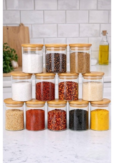 Cam Baharat Kavanozu, Bambu Kapaklı, 200 Ml, 6,5x8 Cm, Minimal Mutfak Saklama Kabı Nok005 Şeffaf / Bambu