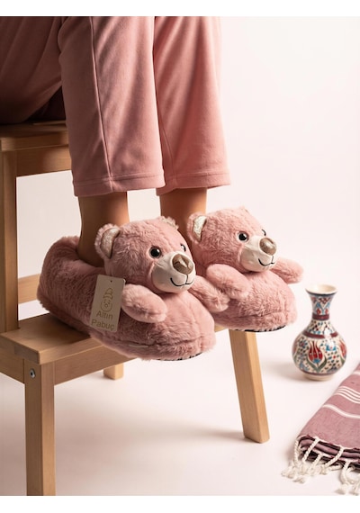 Altın Pabuç Kadın Hayvanlı Panduf Sıcak Tutan Peluşlu Rahat Yumuşak Kışlık Ayıcıklı Ev Terliği Pandifi Ve Botu Pembe
