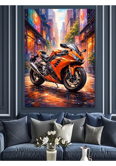 Ahşap Tablo Turuncu Modern Spor Motosiklet Görseli