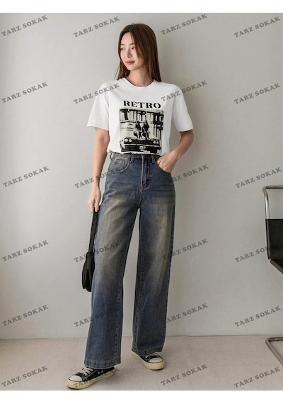 Retro Baskılı Oversize Kalıp Unisex T-shirt Beyaz
