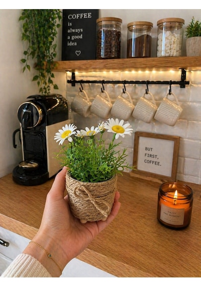 Mini Jüt İpli Saksı Yapay Papatya Limon Okaliptus Seti Dekoratif Şık Masa & Balkon Süsü Çok Renkli