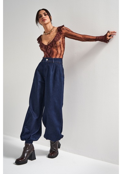 Itsbasic Kadın İndigo Renk 7w5-50 Wide Leg Baggy Fit Paça Detaylı Bol Kesim Tasarım Denim Jean