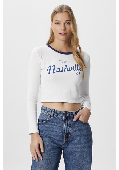 Ritnice Kadın Nash Beyaz Pamuk Slogan Baskılı Bluz Beyaz