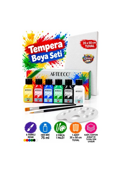 35x50 Tuval Ve 6x75 Ml Tempera Guaj Boya Seti Fırça Ve Paletli Set Artdeco Çok Renkli