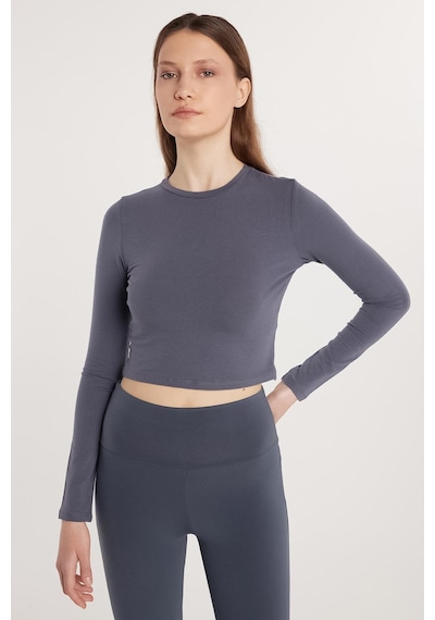 Tudors Kadın Slim Fit Pamuklu Düz Bisiklet Yaka Antrasit Bluz-33732 Antrasit